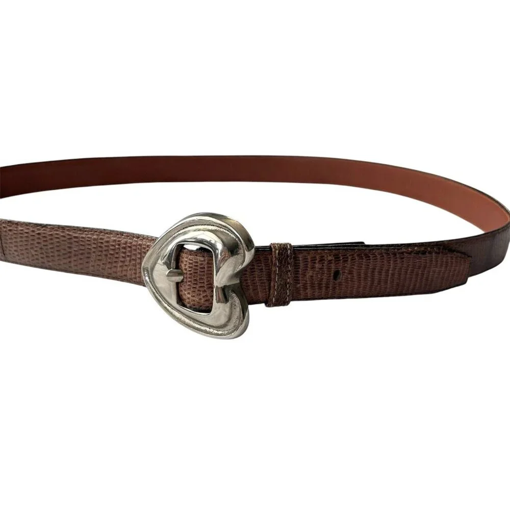 Ilana Goor Heart Buckle Belt (Size L) 1” Brown Lizard & Cowhide w/ Silver Tone